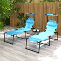 Outsunny 2 Pcs Outdoor Lounge Chair, Adjustable Backrest Folding Chaise Lounge, Cushioned Tanning Chair W Sunshade Roof & Pillow Headrest For Beach, Camping, Hiking, Light Blue Light Blue Steel