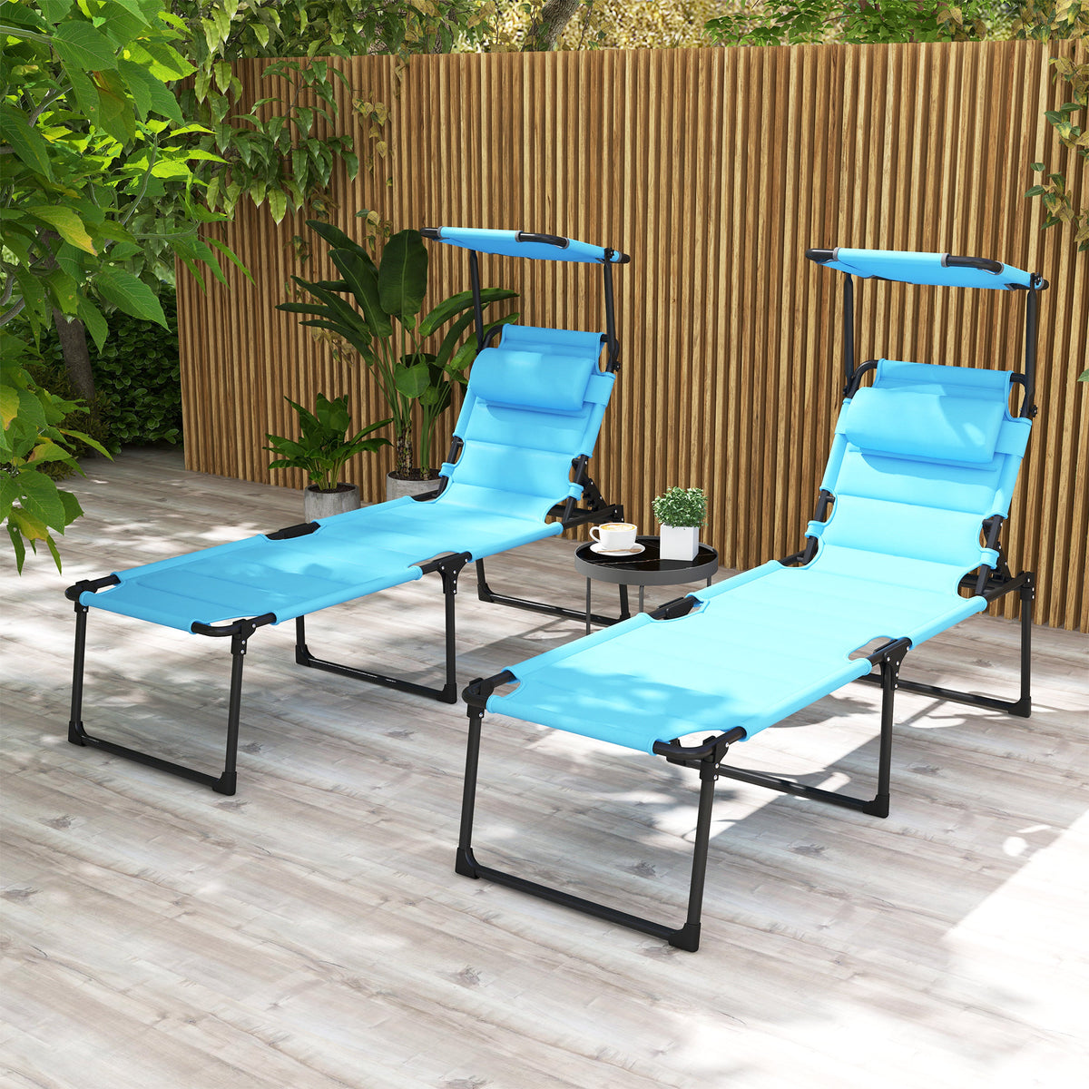 Outsunny 2 Pcs Outdoor Lounge Chair, Adjustable Backrest Folding Chaise Lounge, Cushioned Tanning Chair W Sunshade Roof & Pillow Headrest For Beach, Camping, Hiking, Light Blue Light Blue Steel
