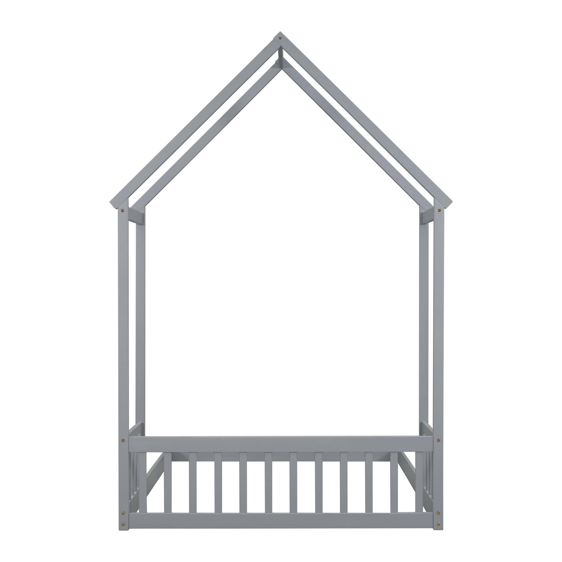 Full Roof Framed Headboard Floor Bed With Headboard Guardrails, Without Slats ,Grey Full Grey American Design Pine