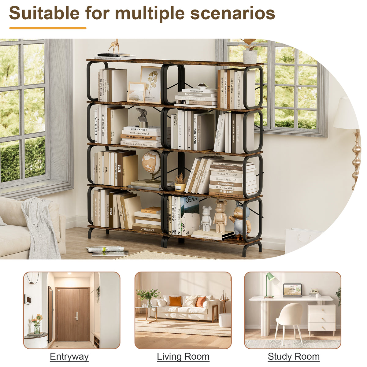 5 Tier Large Book Shelf, Bookcase Home Office Open Bookshelf,Shelves For Living Room, Office Shelf,Vintage Industrial Style Bookshelf With Metal Frame,Rustic Brown Black Primary Living Space