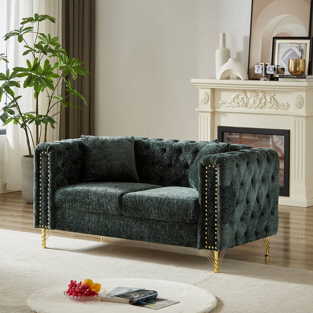 60 Inch Chenille Pull Buckle Design Sofa For Living Room,Buttons Tufted With Copper Nail Decoration Armrest, Modern Couch Upholstered Button And Metal Legs Green Foam Chenille 2 Seat