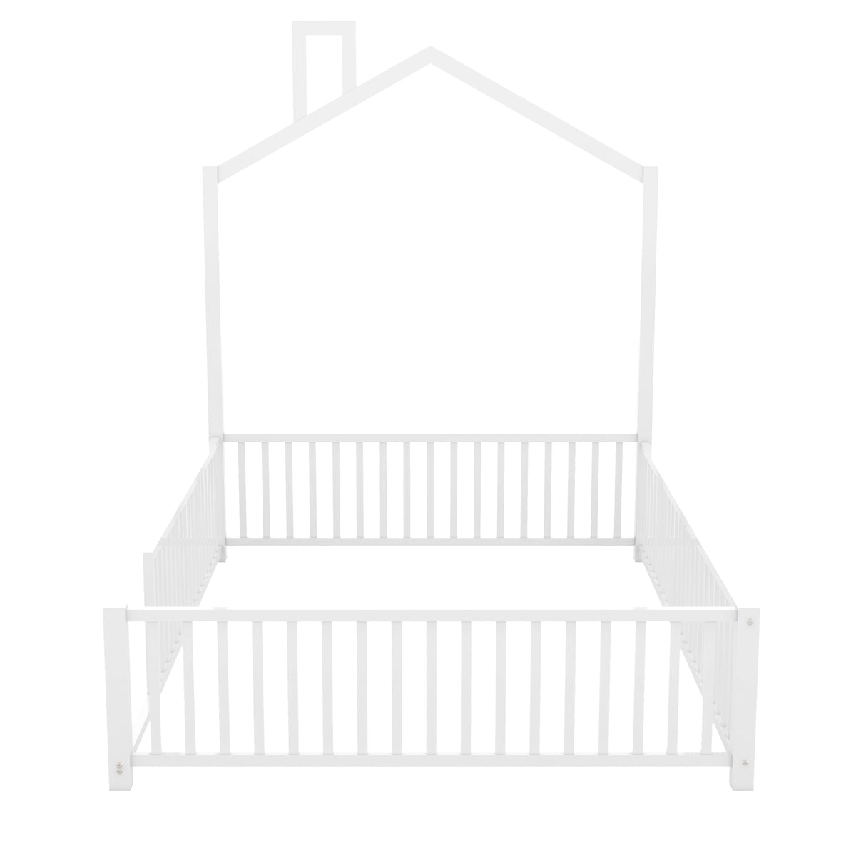 Full Size Metal House Platform Bed With Guardrail And Chimney, White Box Spring Not Required Full White Metal Metal