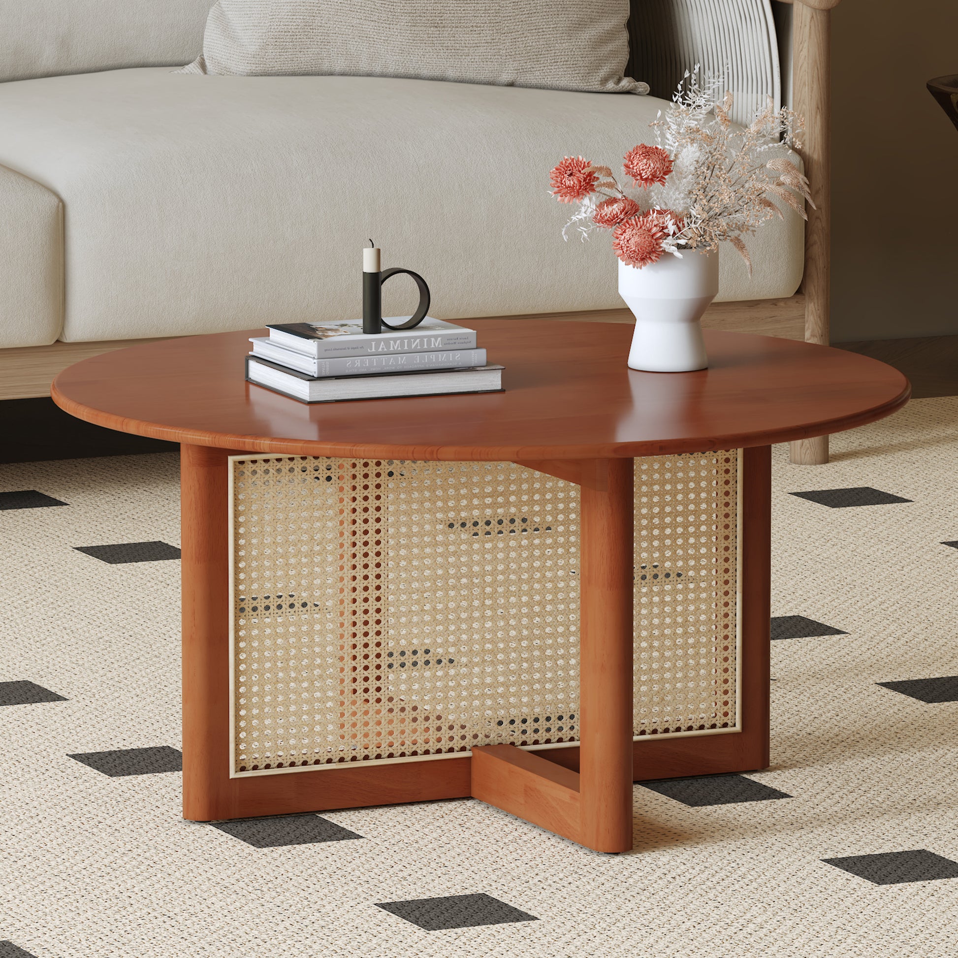 A Natural And Elegant Deep Red Wooden Coffee Table With Artificial Rattan Decorations, Perfect For A Fashionable Living Room And Comfortable Tea Drinking Time Red Wood