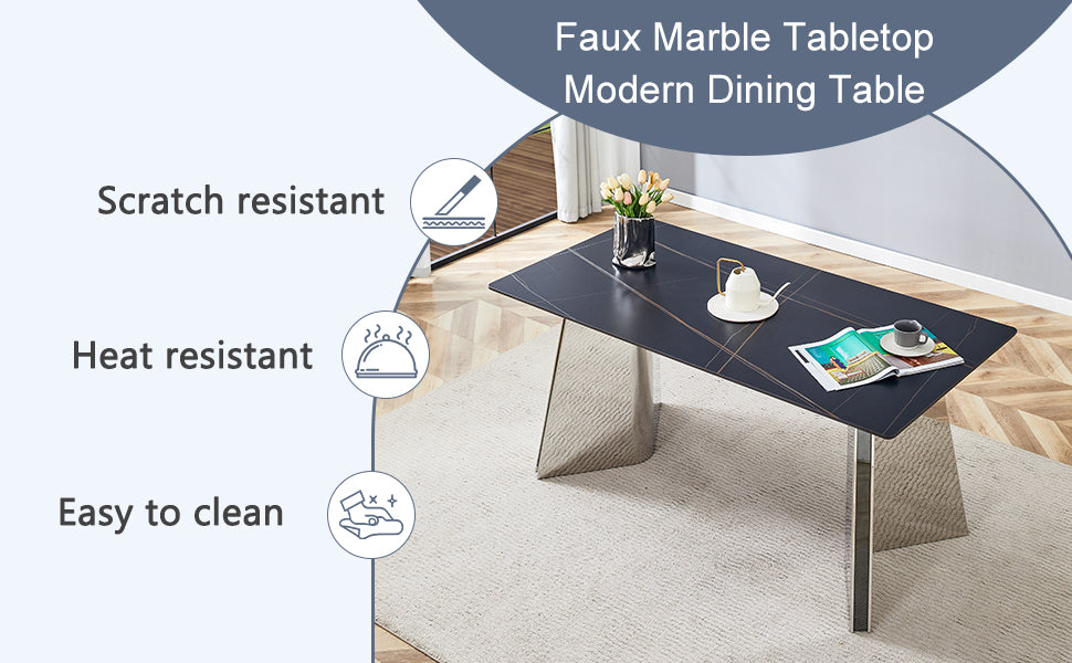 Table And Chair Set.63"X31.5X30" Black Marble Patterned Slabs Tabletop With Stainless Steel Butterfly Legs.Paried With 6 White High Quality Pu Chairs With Silver Metal Legs. White Black Seats 6