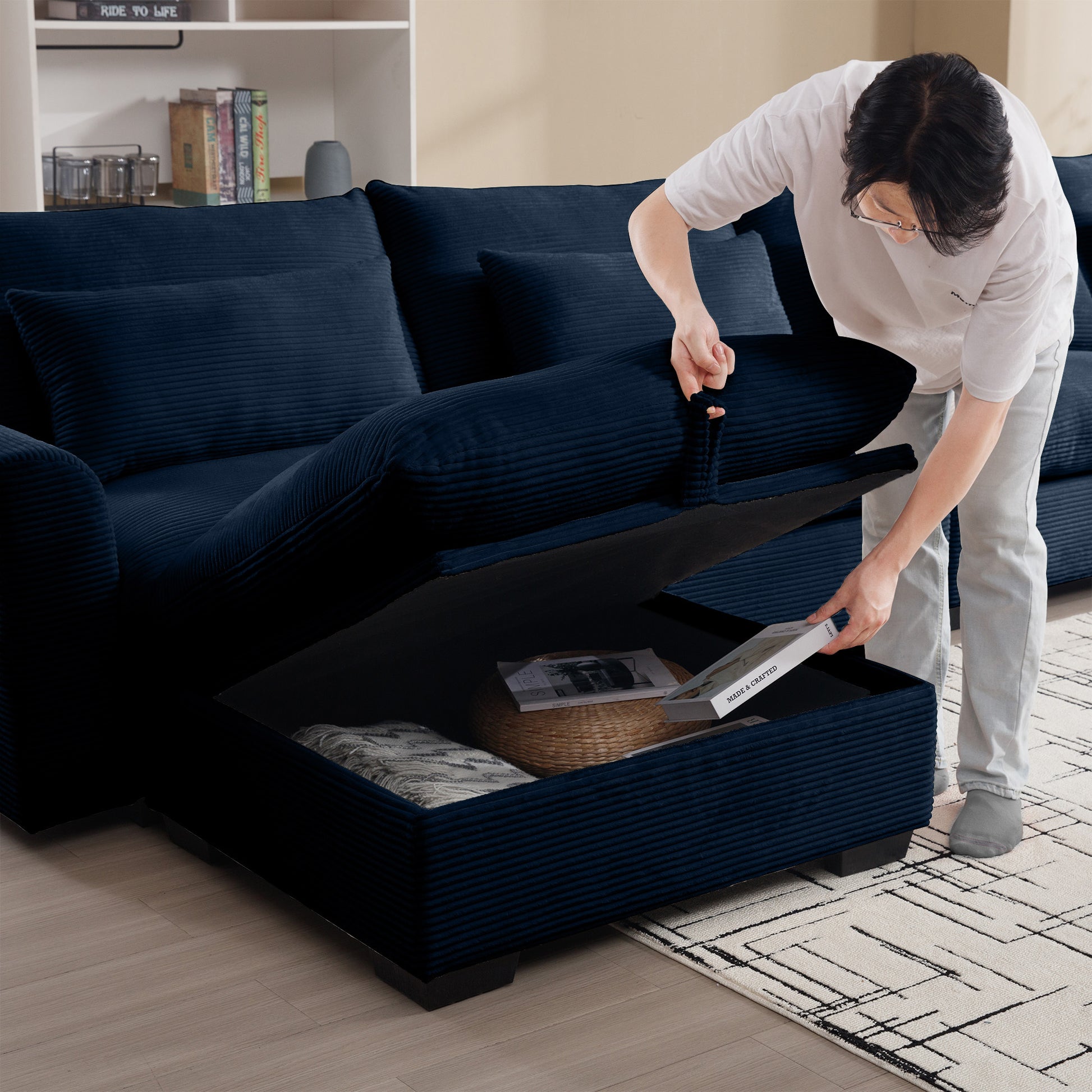 Bule Corduroy Sofa Couch, Modular Couch With Storage Ottoman, Couch Deep Seat Couches For Modern Living Room Apartment Office Blue Corduroy 1 Seat
