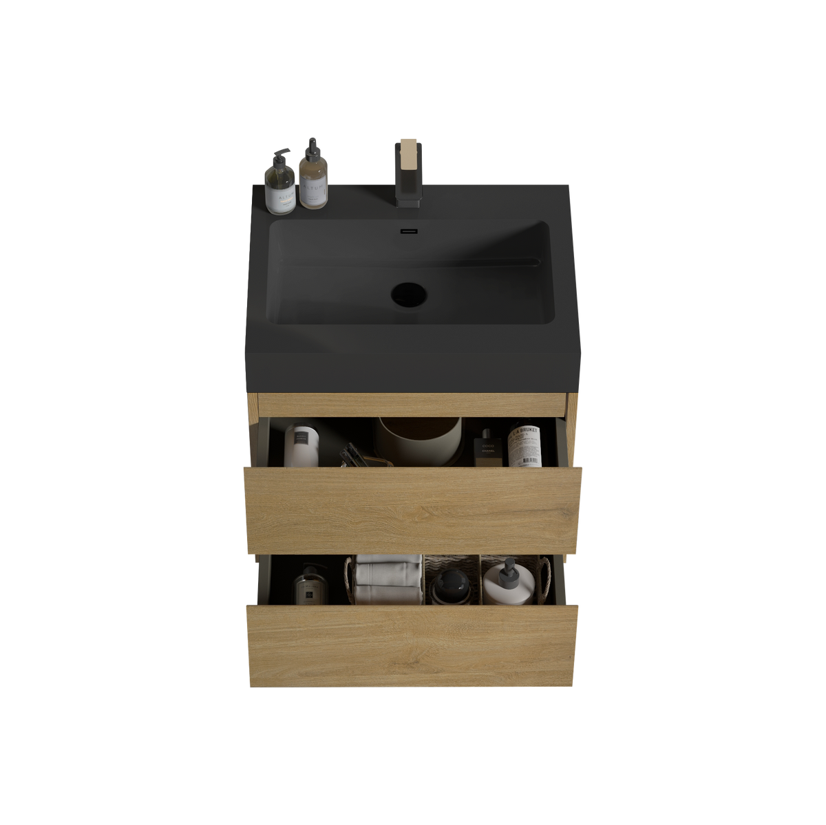 U090 Alice24W 106 Alice 24" Natural Oak Bathroom Vanity With Sink, Large Storage Wall Mounted Floating Bathroom Vanity For Modern Bathroom, One Piece Black Sink Basin Without Drain, Pre Assembled Light Oak Bathroom Modern Mdf Melamine