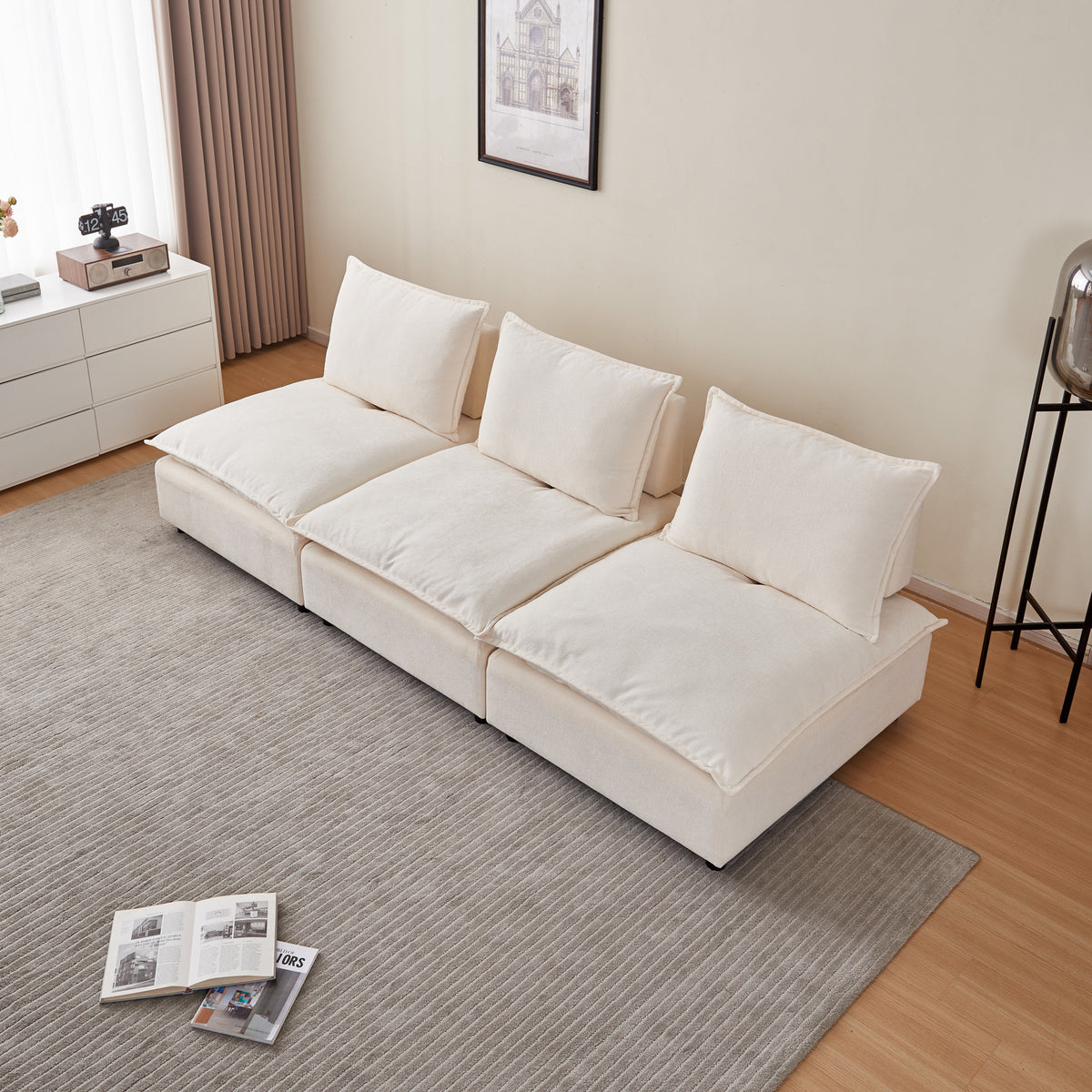 Mid Century Modern 3 Seater Sofa Couch For Living Room Modular Sectional Armless Sofa, Ultra Soft Chenille Fabric, Sturdy Frame, Comfortable And Stylish Furniture Beige Foam Chenille 2 Seat