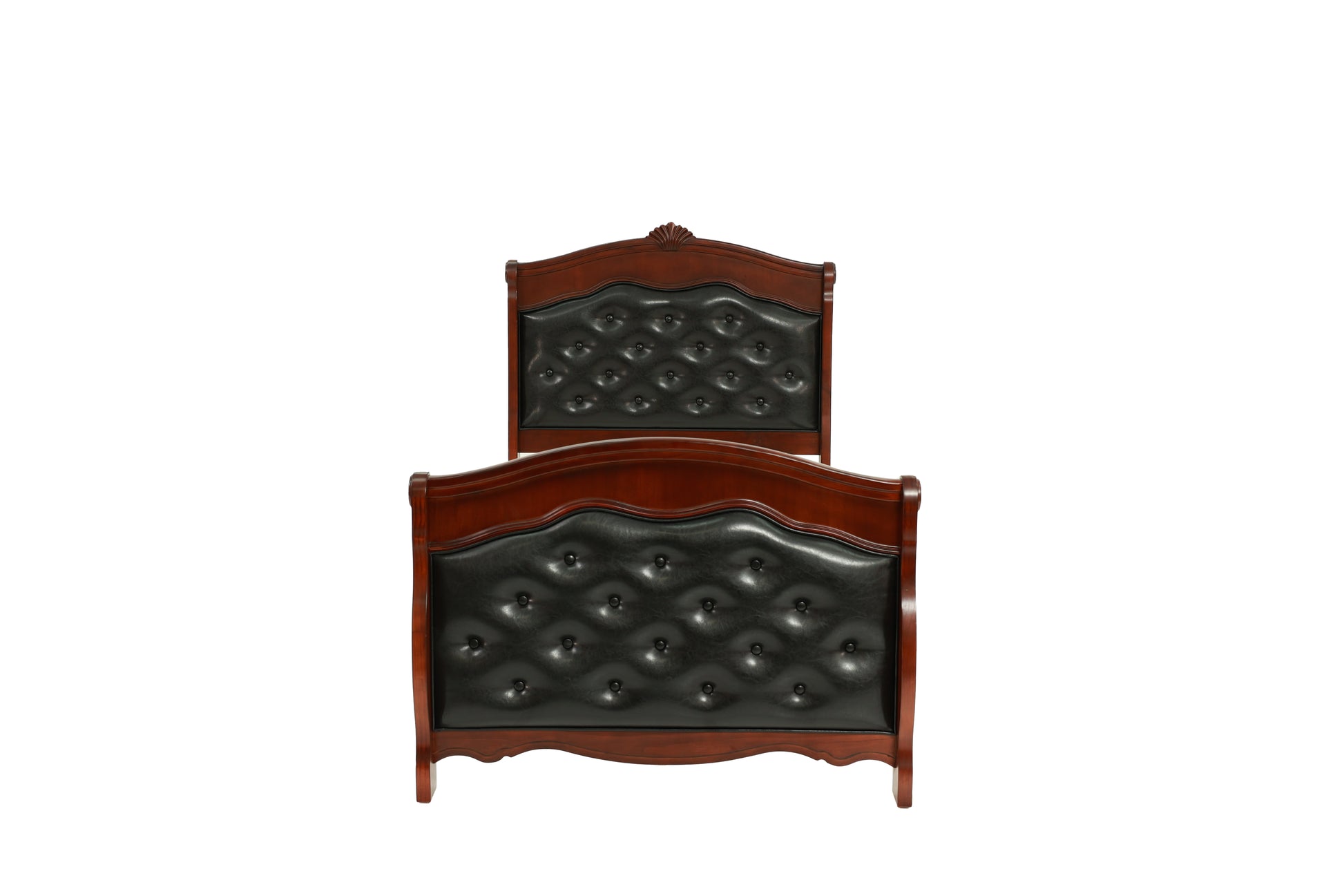 Dark Cherry Twin Size Bed Youth Bedroom Furniture Espresso Faux Leather Headboard Footboard Plywood 1Pc Bedframe Box Spring Required Twin Cherry Wood Bedroom Classic,Traditional Pine Bed Frame Faux Leather Plywood
