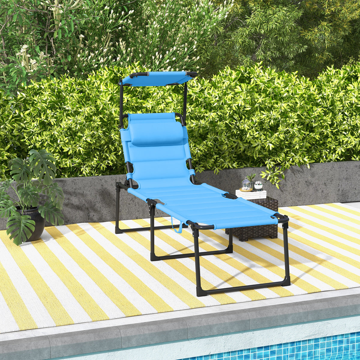 Outsunny Outdoor Lounge Chair, Adjustable Backrest Folding Chaise Lounge, Cushioned Tanning Chair W Sunshade Roof & Pillow Headrest For Beach, Camping, Hiking, Light Blue Light Blue Steel