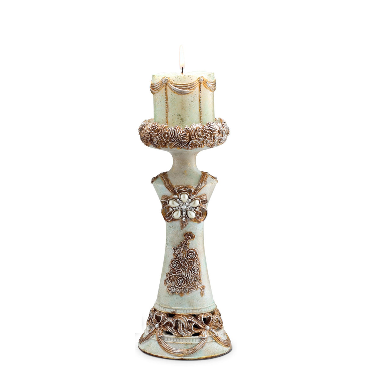 11.75" And 15.5" Polyresin Candleholder, Vintage Rose Design Set Of 2 Beige Polyresin