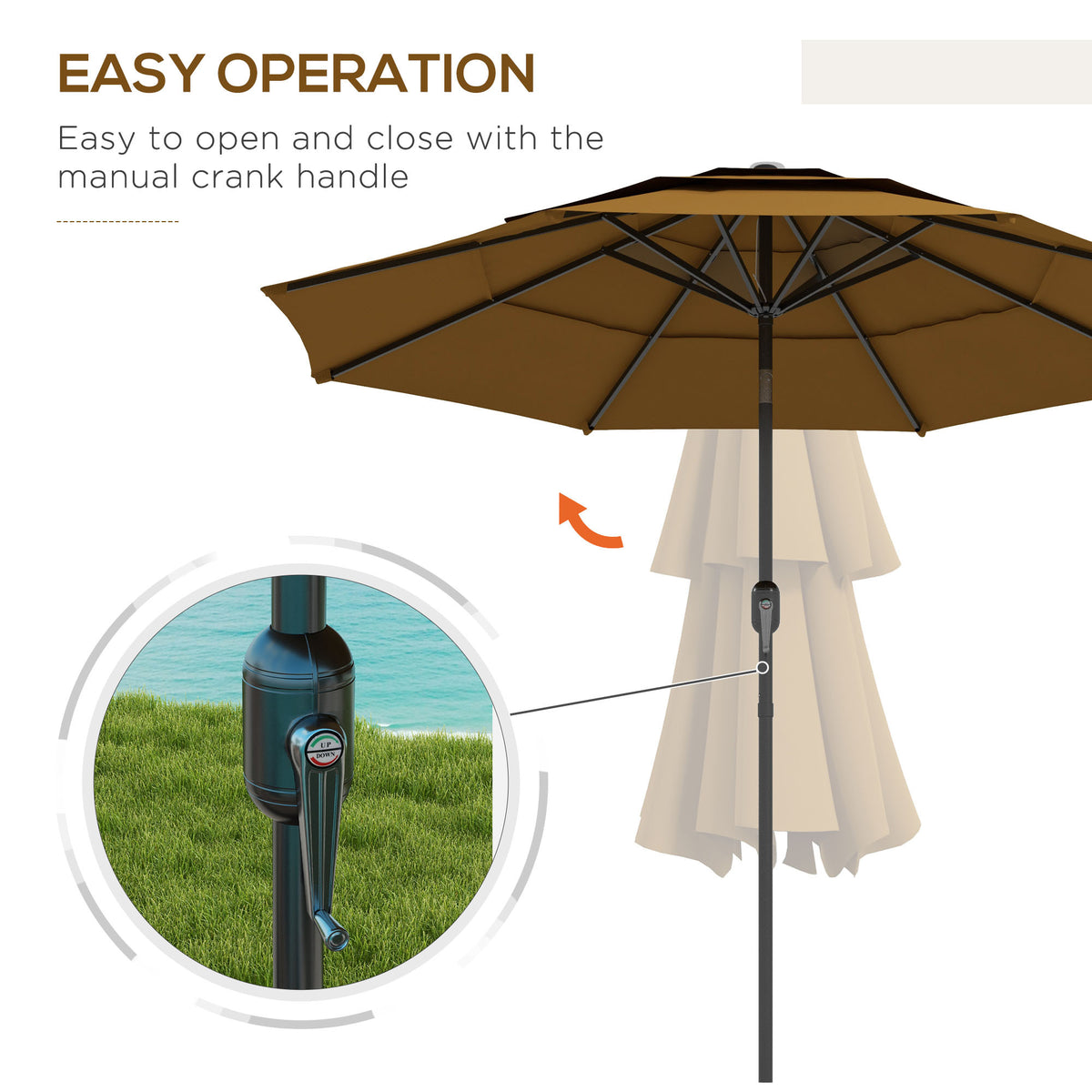 Outsunny 9Ft 3 Tiers Patio Umbrella Outdoor Market Umbrella With Crank, Push Button Tilt For Deck, Backyard And Lawn, Tan Tan Polyester
