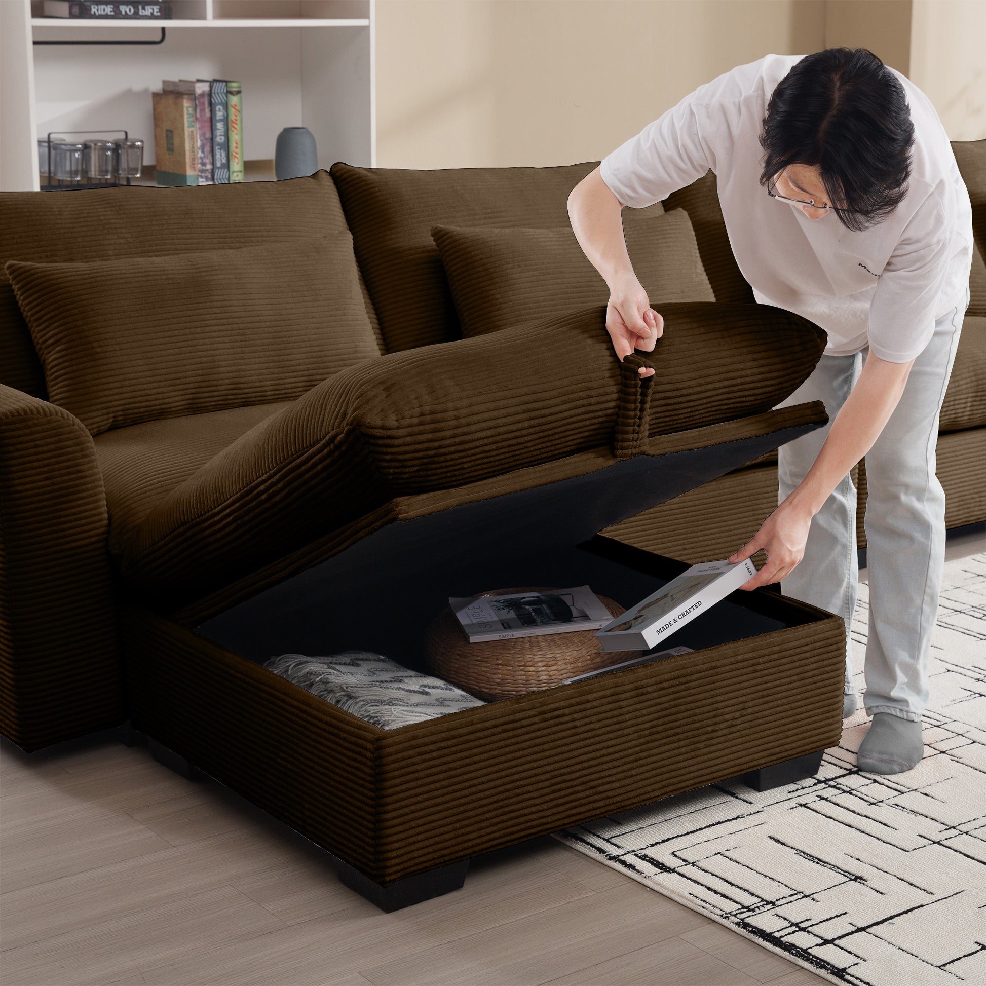 Corduroy Two Seater Sofa With 2 Storage Footrest, 2 Seater Sectional Deep Seat Sofa,Comfy Couches For Living Room ,Brown Sofa Brown Corduroy 2 Seat