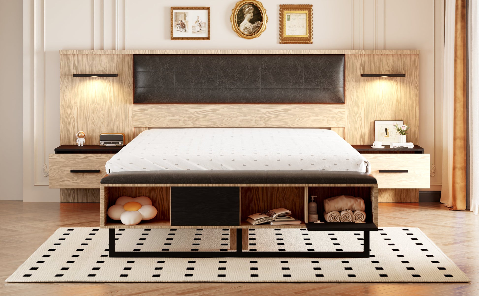Queen Size Wood Platform Bed With Upholstered Headboard, Lights And Storage Nightstand, Bench, Walnut Box Spring Not Required Queen Walnut Wood Bedroom Bed Frame Faux Leather Solid Wood Mdf