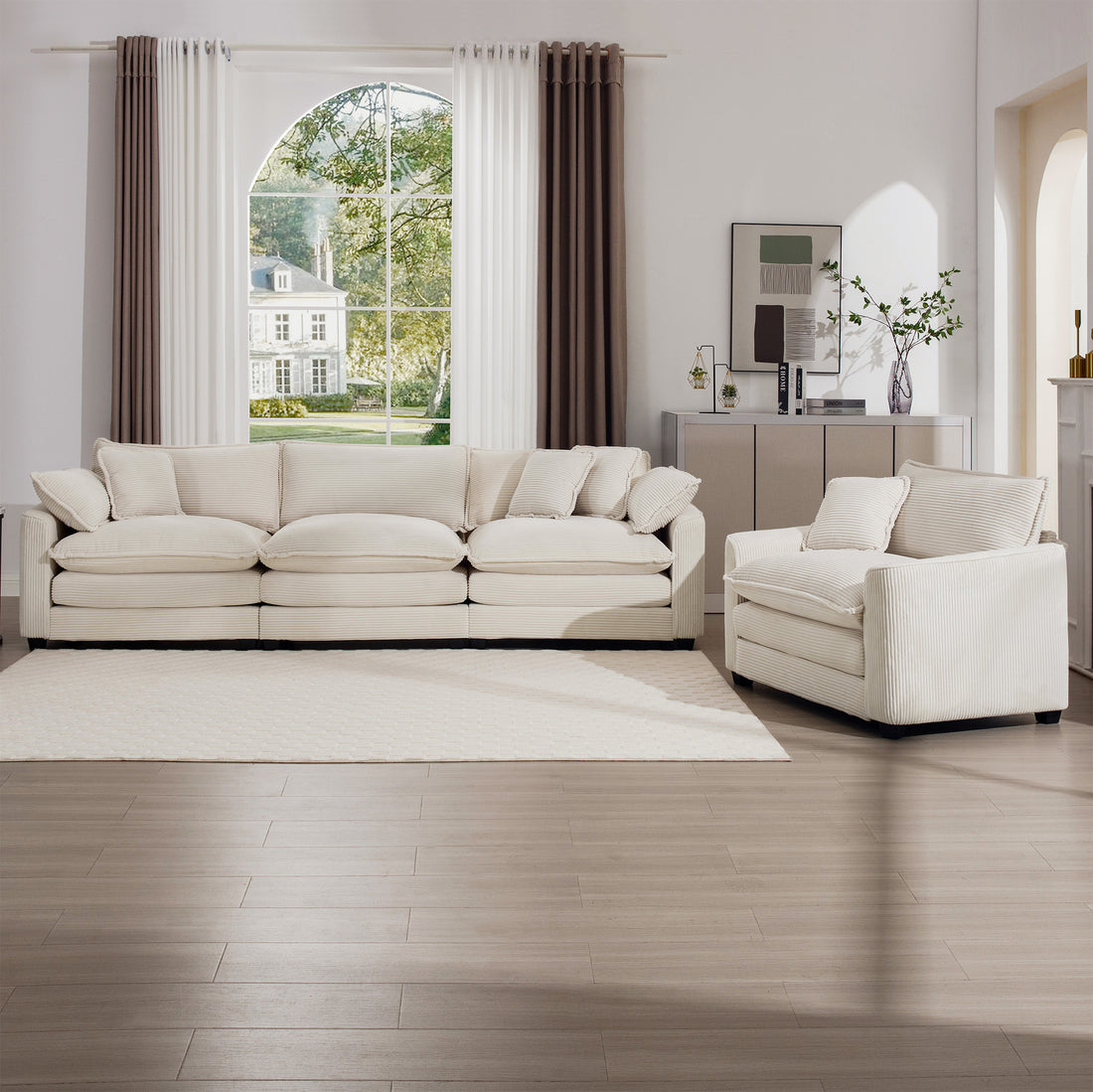 Mid Century Modern Set Of 2 Sofas With One 3 Seater Sofa And One Single Accent Chair, Light Beige Corduroy Fabric Beige Corduroy 4 Seat