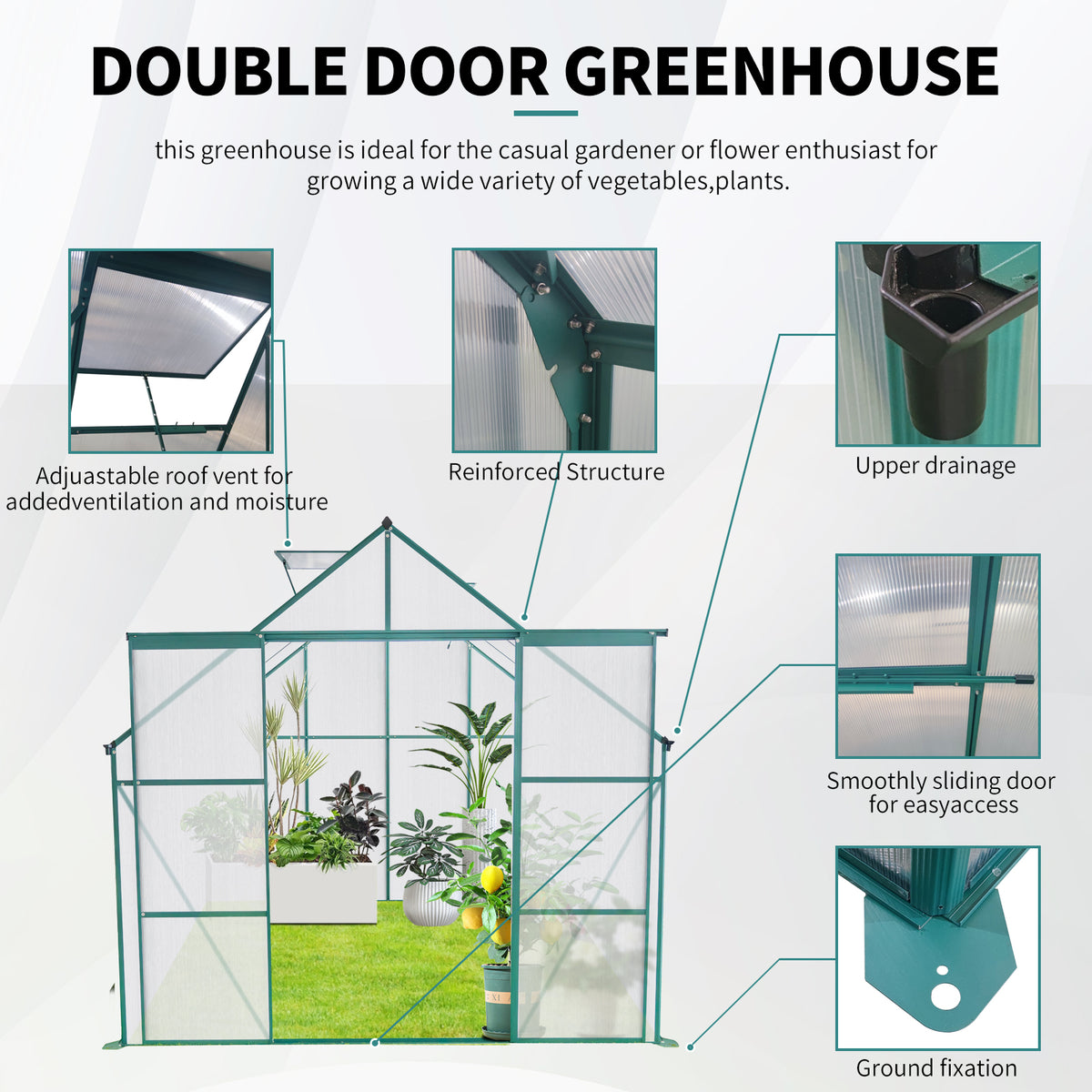 8X6Ft Green Double Door Polycarbonate Greenhouse Raised Base And Anchor Aluminum Heavy Duty Walk In Greenhouses For Outdoor Backyard In All Season Green Aluminum