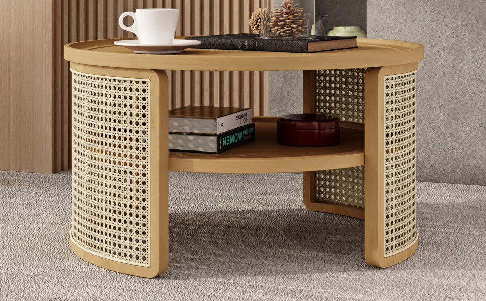 2 Tiered Round Natural Wood Coffee Table With Storage Rattan Base In 31.3'' Natural Rubber Wood