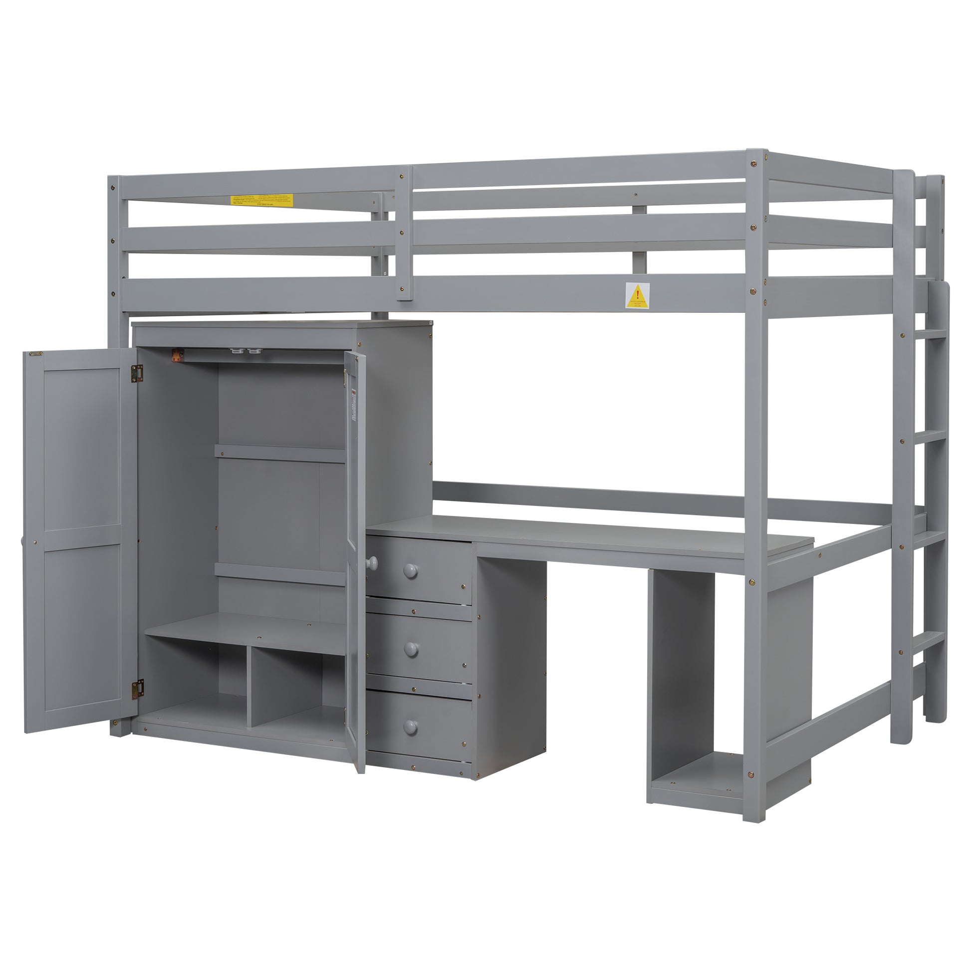 Full Size Loft Bed With Wardrobe, Desk And Storage Drawers, Gray Full Gray Pine