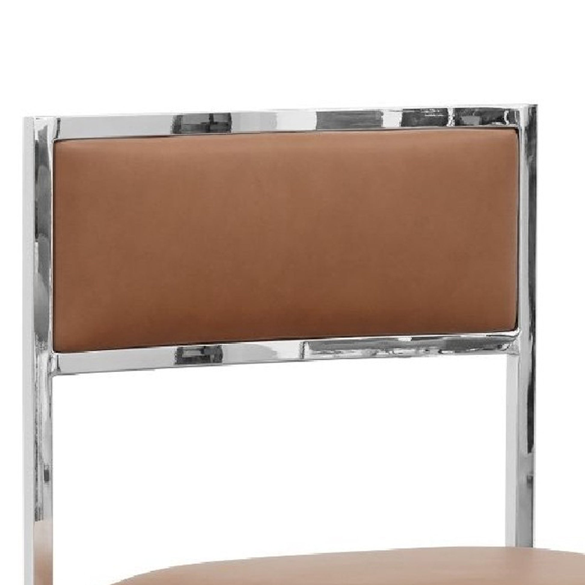 Eun 20 Inch Vegan Faux Leather Dining Chair, Chrome Base, Set Of 2, Brown Brown Metal