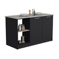 Kitchen Island With Large Countertop, Open Storage Shelves And Double Door Cabinet, Black Onyx Black Solid Wood Mdf Engineered Wood