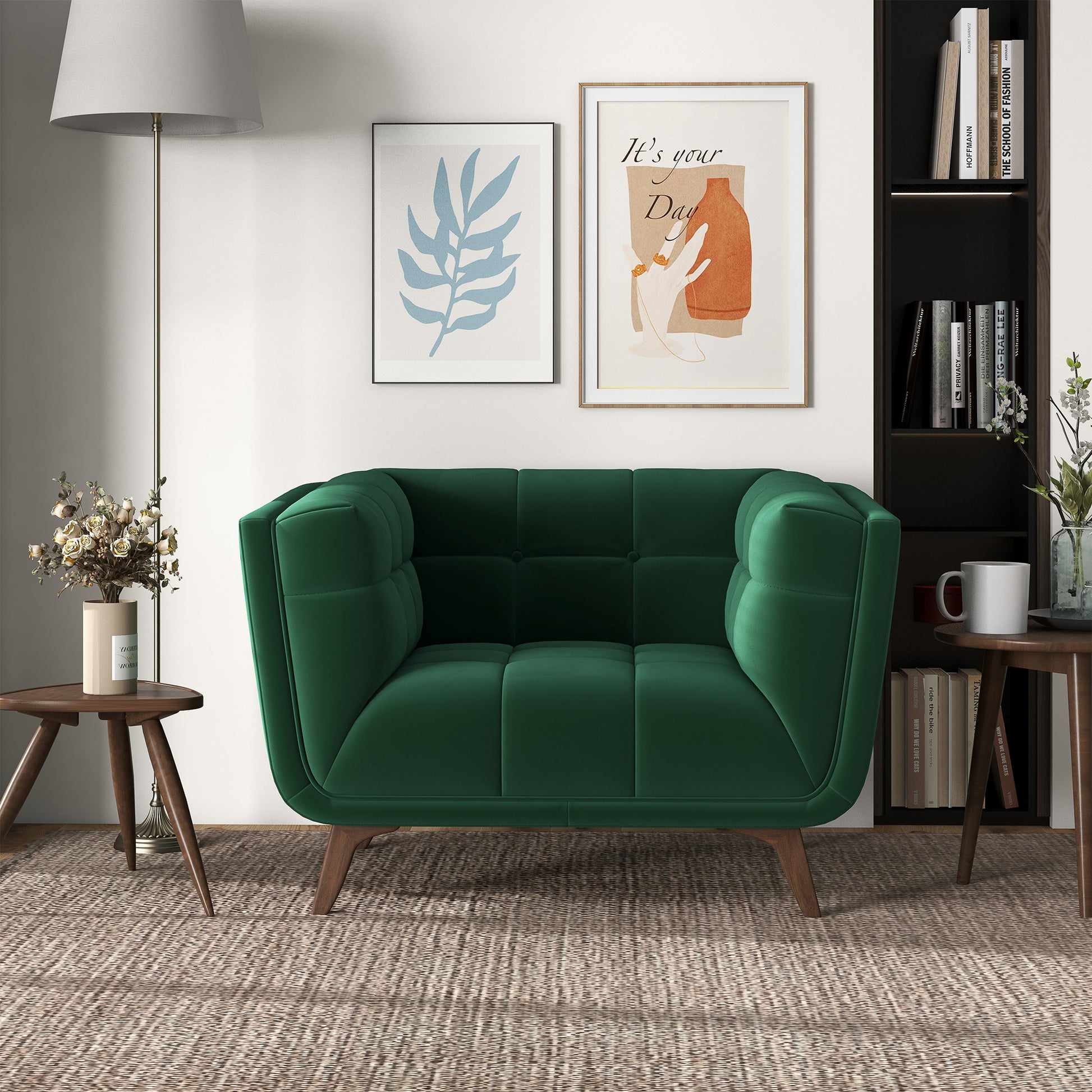 Addison Lounge Chair Dark Green Velvet Brown,Dark Green Brown Velvet Wood Tufted Back Mid Century Modern Foam Solid Wood,Velvet