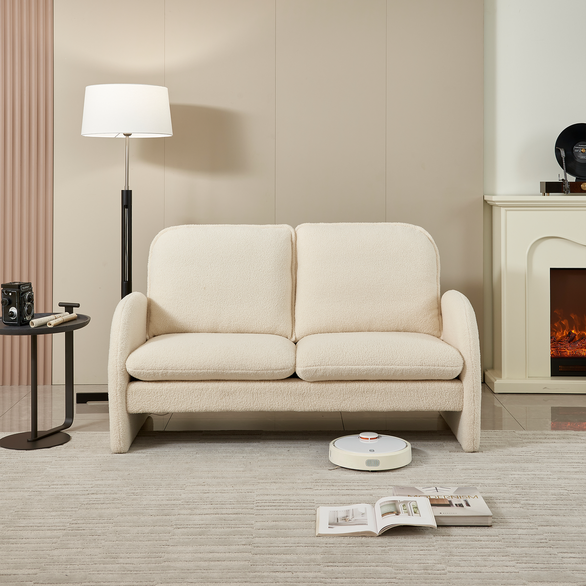 59" Loveseat Sofa Small Couch For Living Room, Sherpa Fabric Upholstered Loveseat Sofa Couch, Small Loveseat Sofa For Apartment, Bedroom Beige Foam Sherpa 2 Seat