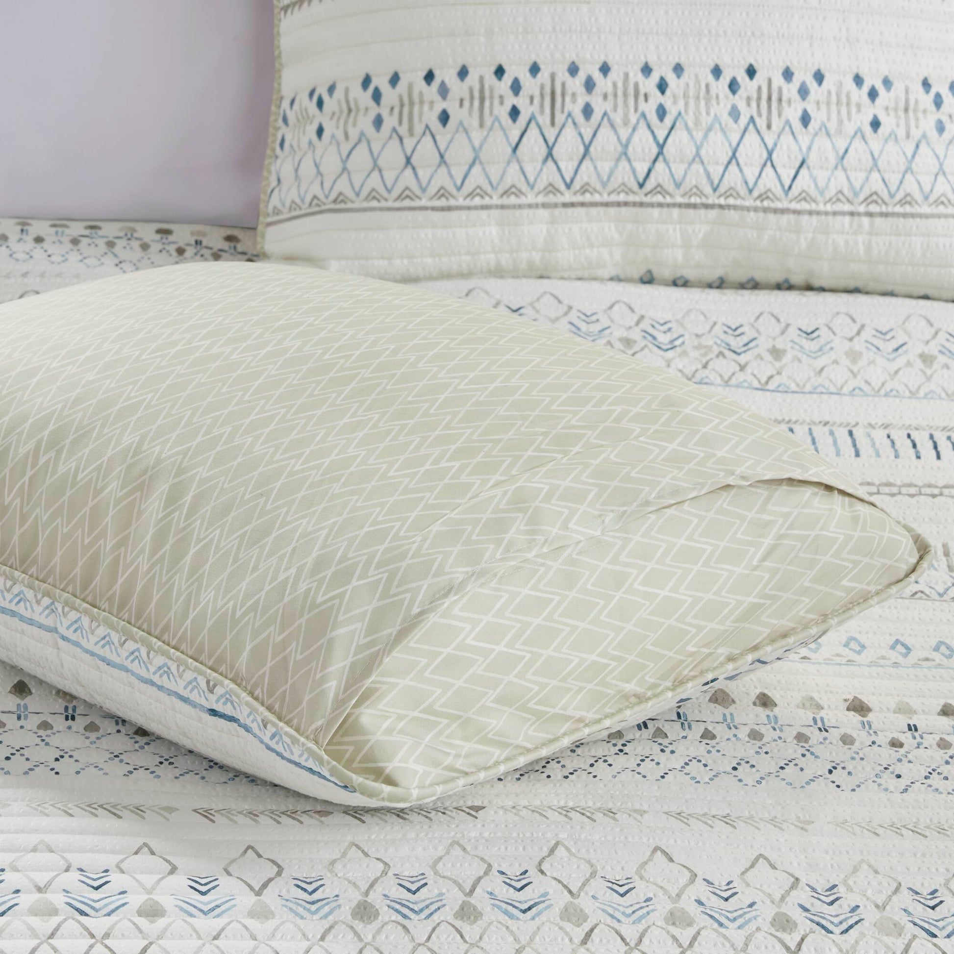 3 Piece Printed Microfiber Seersucker Quilt Set Taupe Blue Full Queen Full Taupe Blue Polyester