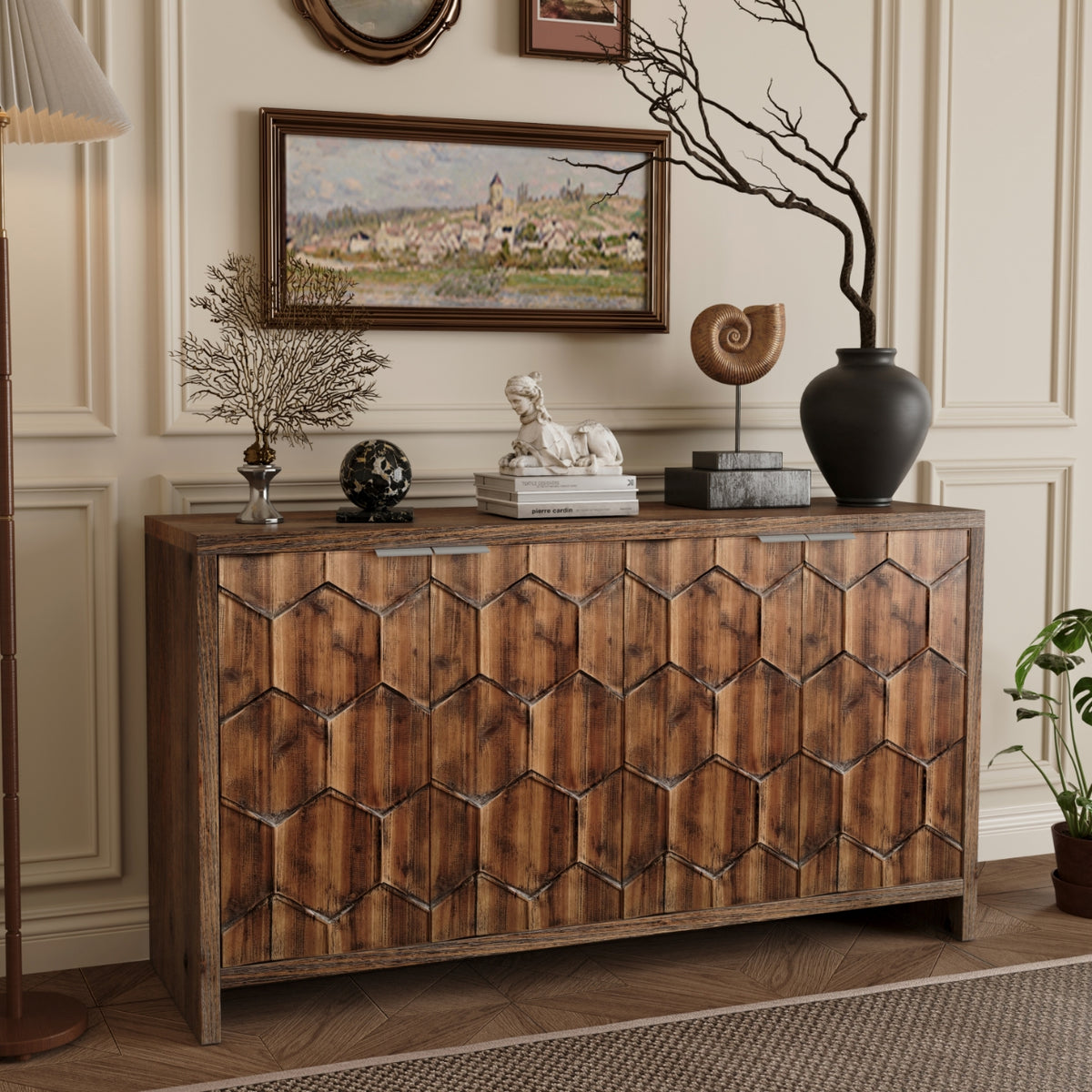 Accent Cabinet Farmhouse Style 4 Door Wooden Cabinet Sideboard Buffet Server Cabinet Storage Cabinet, For Living Room, Entryway, Hallway, Office, Kitchen And Dining Room, Antique Natural Wood