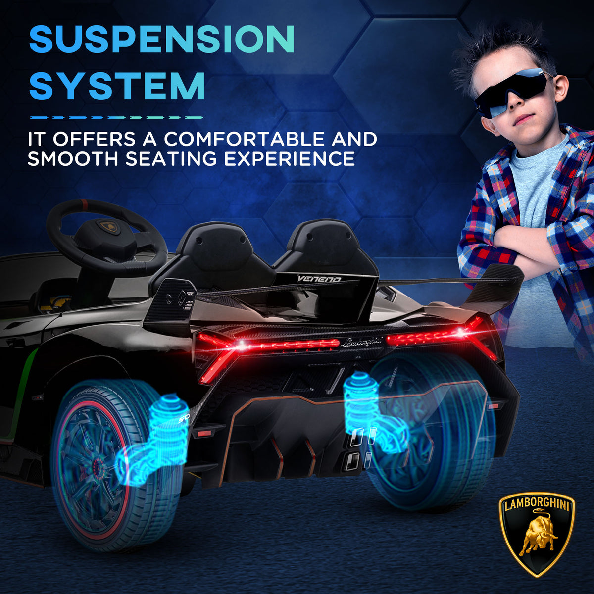 Aosom Lamborghini Veneno Licensed Kids Electric Car With Bluetooth, 12V Ride On Car With Butterfly Doors, Remote Control, Portable Battery, Suspension System, Horn, Songs, Lights, Black Black