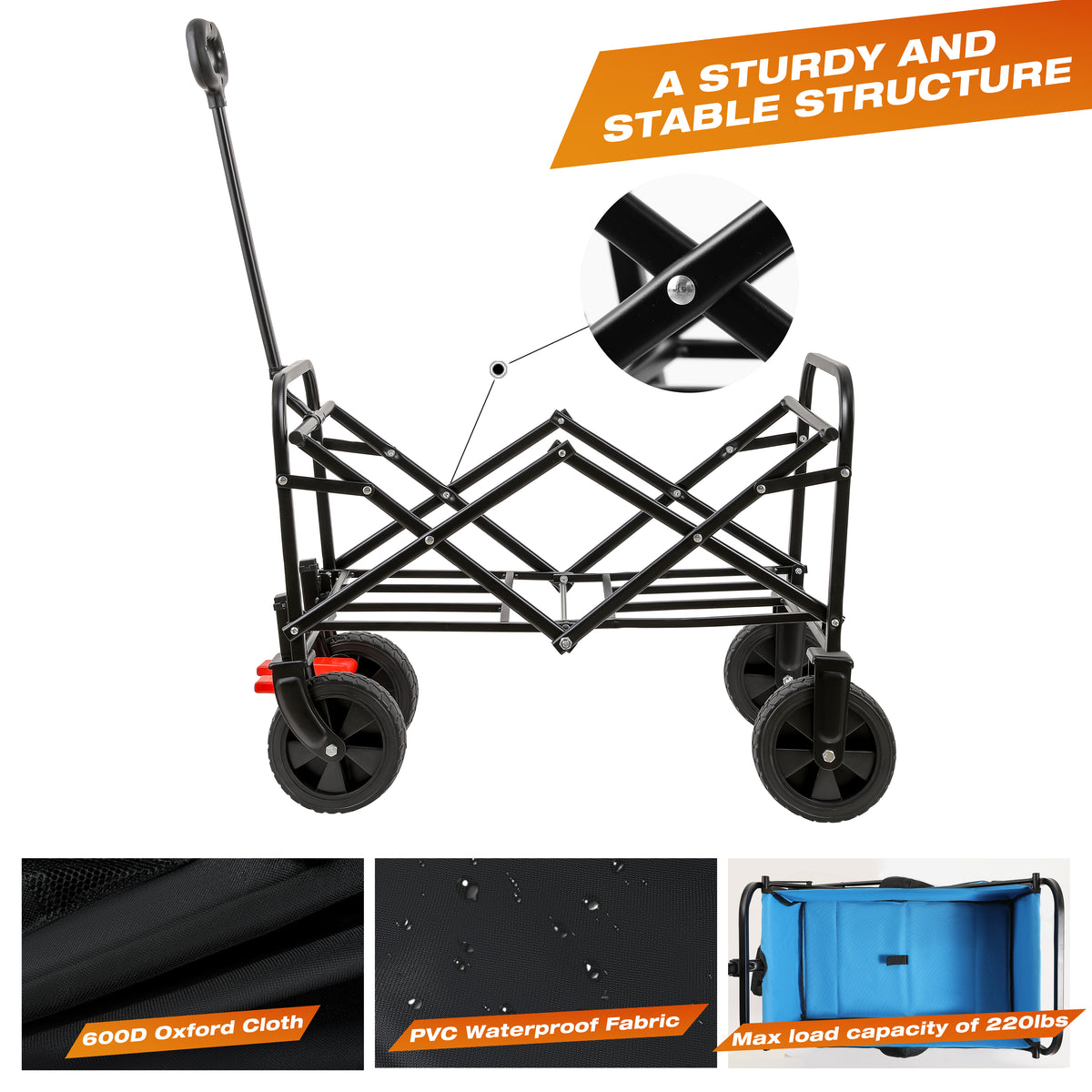 Mini Folding Wagon Garden Shopping Beach Cart Black Blue Brake Black Blue Metal