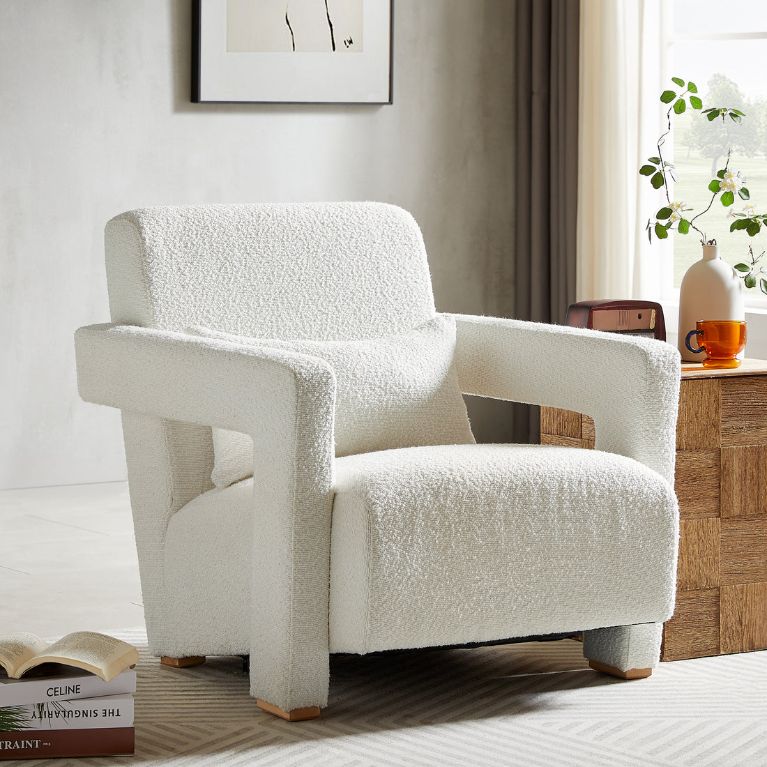 Mirod Sleek Right Angle Armrests, Ergonomic Lumbar Support, Square Wooden Block Legs, Inclined Seat For Comfort, Artistic Statement Piece For Living Room,Bedroom And Study White Boucle