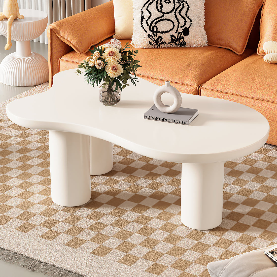 44'' X 25.9'' Easy Assembly Cloud Coffee Table With 1.5'' Thick Tabletop, Cream Style Irregular End Table With 3 Sturdy Legs, Sleek Center Table With Round Edge For Living Room, White White Mdf