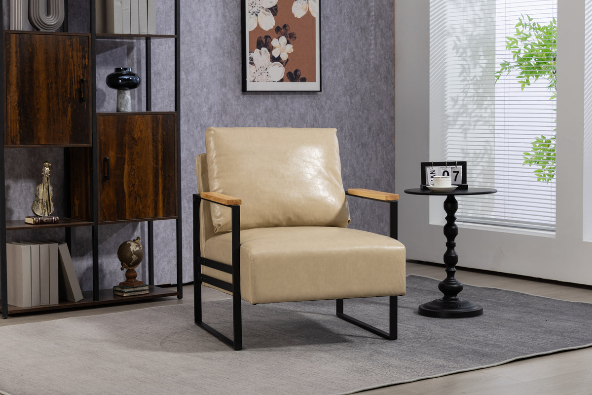 Leather Accent Chair Guest Chair For Living Room, Mid Century Armchair For Bedroom Khaki Pu