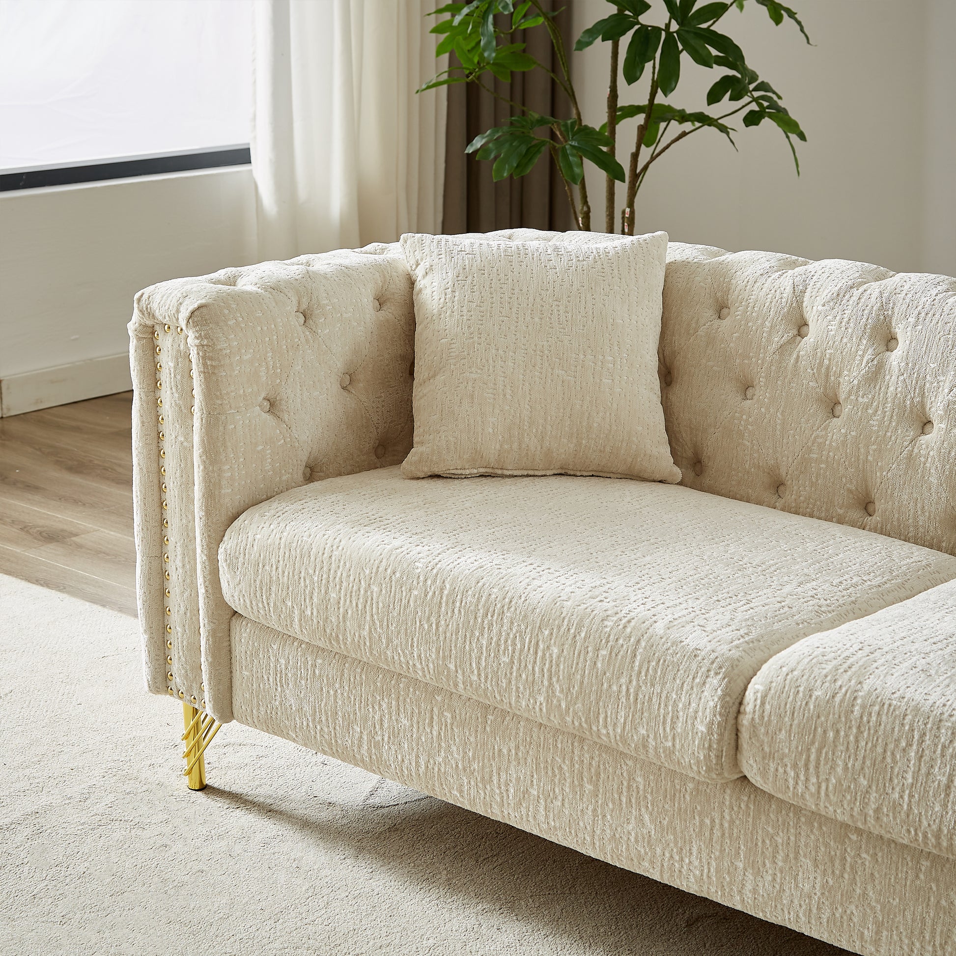 60 Inch Chenille Pull Buckle Design Sofa For Living Room,Buttons Tufted With Copper Nail Decoration Armrest, Modern Couch Upholstered Button And Metal Legs Beige Foam Chenille 2 Seat