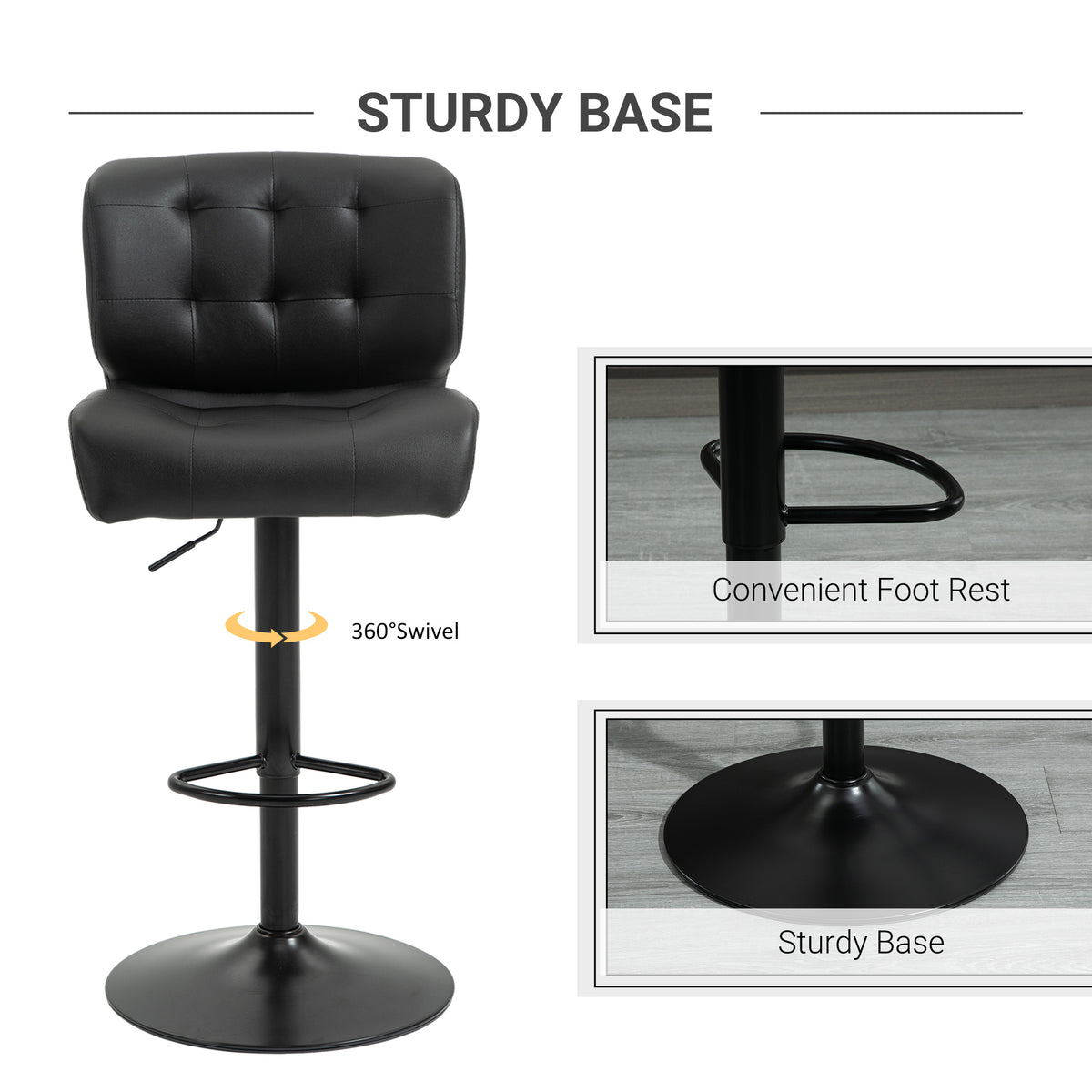 Homcom Bar Height Bar Stools Set Of 2 With Adjustable Seat, Thick Padded Cushion And Metal Footrest For Home Bar, Black Black Metal