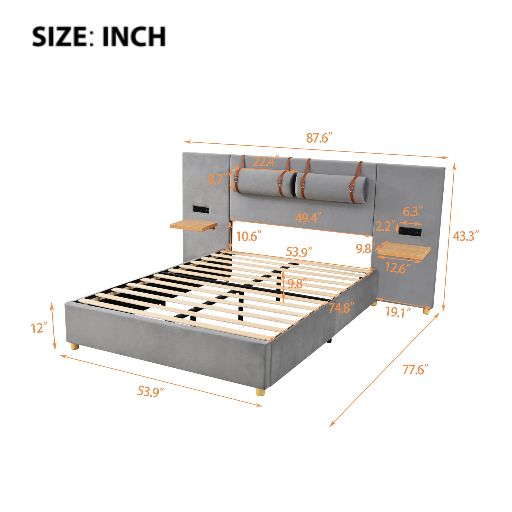 Full Size Upholstered Platform Bed With Two Outlets And Usb Charging Ports On Both Sides, Two Bedside Pillows, Storage Shelf, Velvet,Gray Full Gray Mdf Lvl