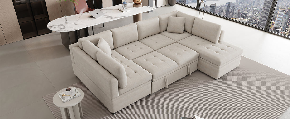 117.3" Oversized Sectional Sofa U Shaped Sofa Couch Pull Out Sofa Bed With Two Throw Pillows For Living Room, Beige Beige Foam Chenille 4 Seat