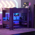 Wood Full Size Gaming Loft Bed With Desk, Multi Storage Shelves, Led And Charging Station, Dark Gray Box Spring Not Required Full Dark Gray Wood Bedroom Bed Frame Solid Wood Mdf
