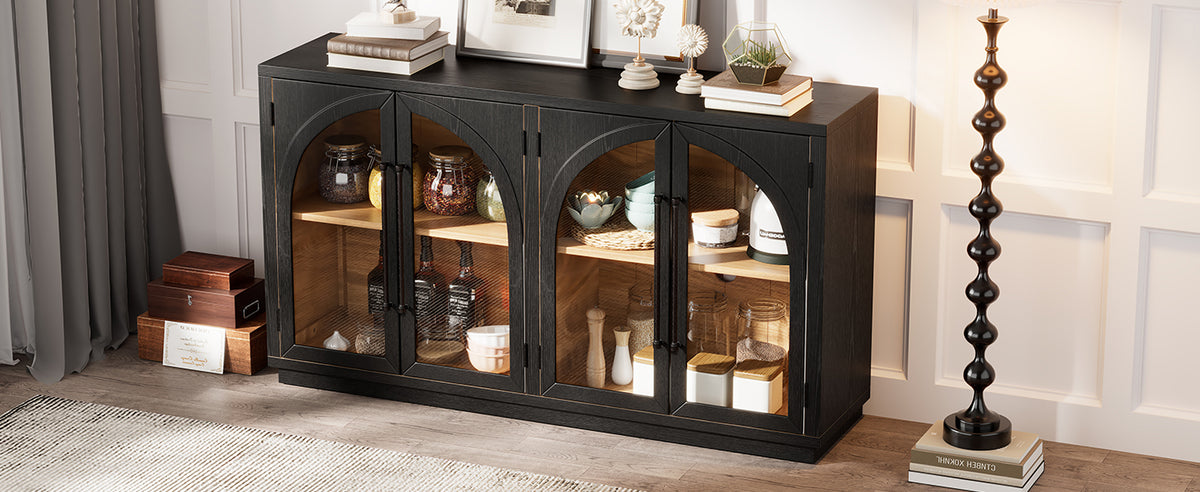4 Door Large Storage Retro Sideboard With Metal Handles And Adjustable Shelves For Kitchen, Dining Room And Living Room Black Black Solid Wood Mdf
