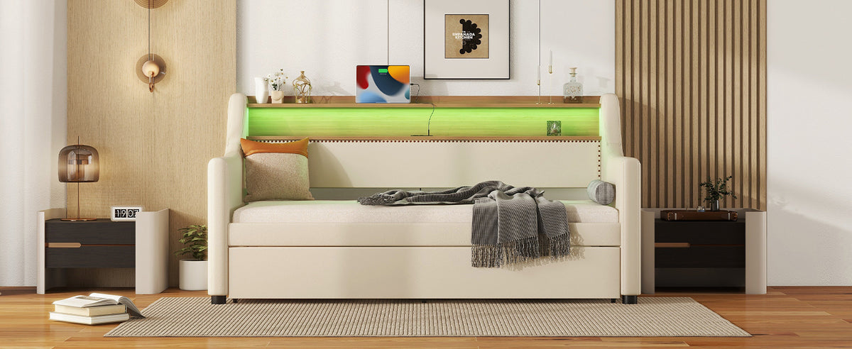 Twin Size Daybed With Trundle, Upholstered Daybed With Charging Station And Led Lights, Beige Expect Arrive Date:May 20Th. Twin Beige Pu Leather