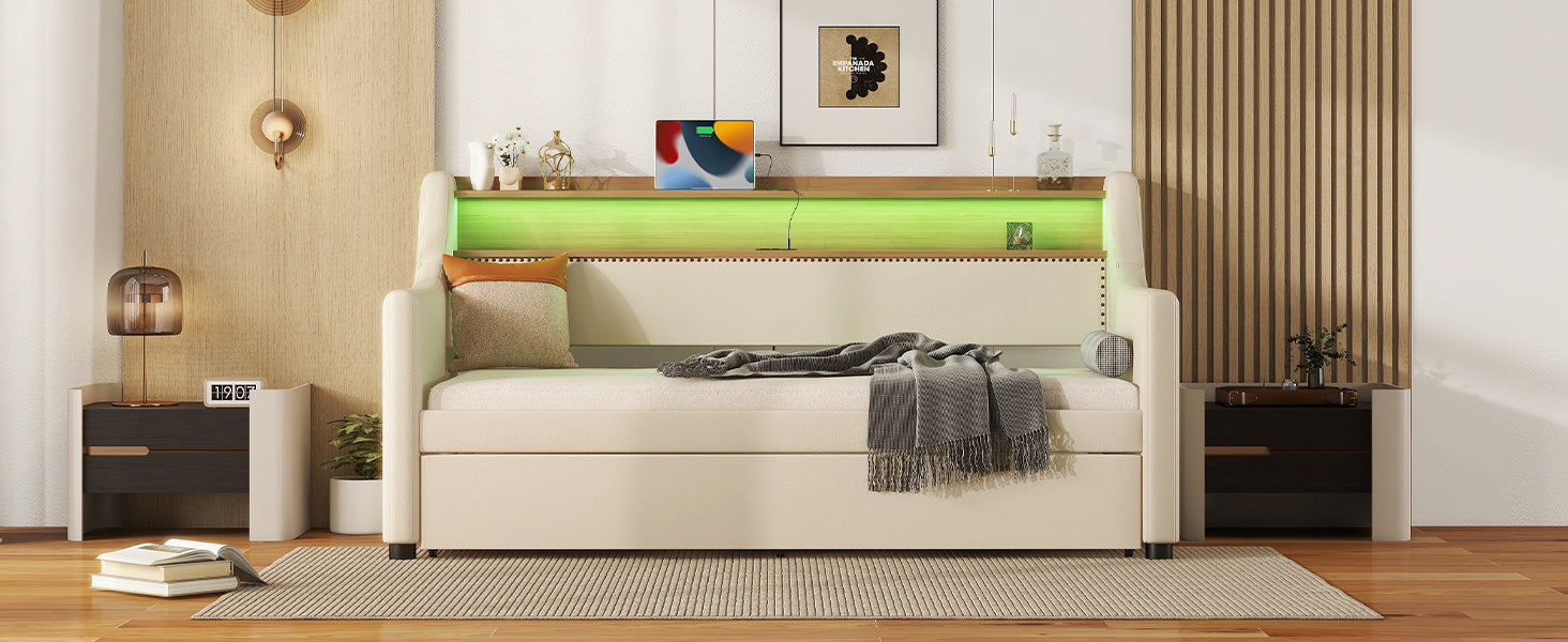 Twin Size Daybed With Trundle, Upholstered Daybed With Charging Station And Led Lights, Beige Twin Beige Pu Leather