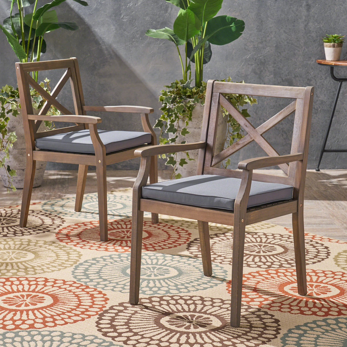 Perla Dining Chair,2Pcs With 2 Cushions Dark Grey Acacia Wood