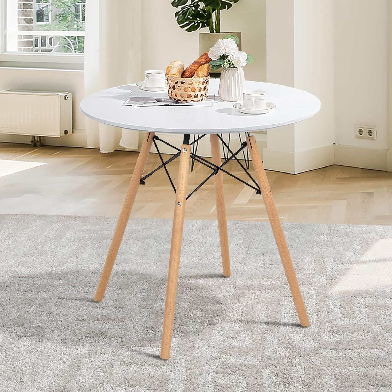 31.5" Round Dining Table Kitchen Table White Dining Table With White Mdf Desktop And Solid Wood Legs .Modern Style Coffee Table Leisure Dining Room Round Table For Kitchen Living Room White Kitchen Round Mdf