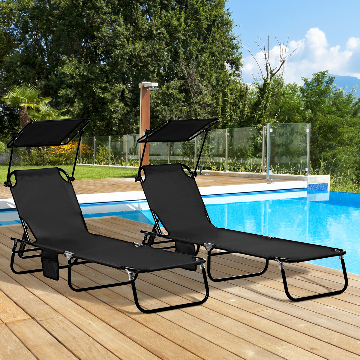 Outsunny Folding Chaise Lounge Pool Chairs, Outdoor Sun Tanning Chairs With Canopy Shade, Reclining Back, Steel Frame And Side Pocket For Beach, Yard, Patio, Black Black Steel