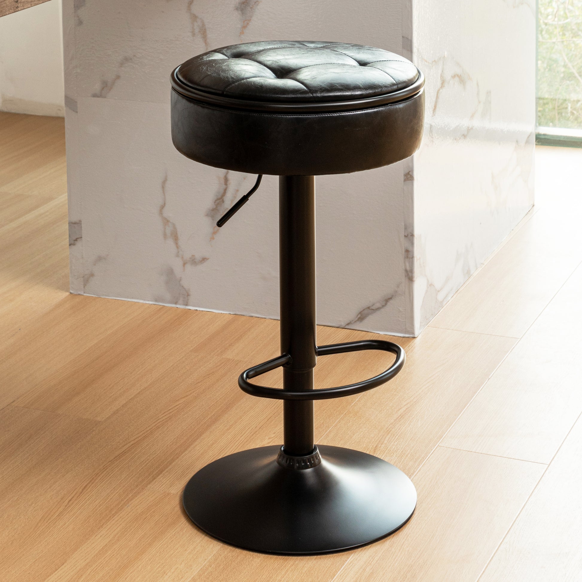 Round Storage Bar Stool Set Of 2, Black Faux Leather Height Adjustable Barstool, 360 Counter Height Swivel Stool, Armless Bar Chair With Metal Frame For Kitchen Counter Dining Living Room Black Set Of 2 Foam Pu Leather