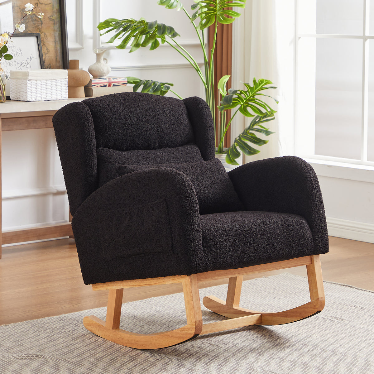27.2"W Modern Accent High Backrest Living Room Lounge Arm Rocking Chair, Two Side Pocket Black Foam Fabric