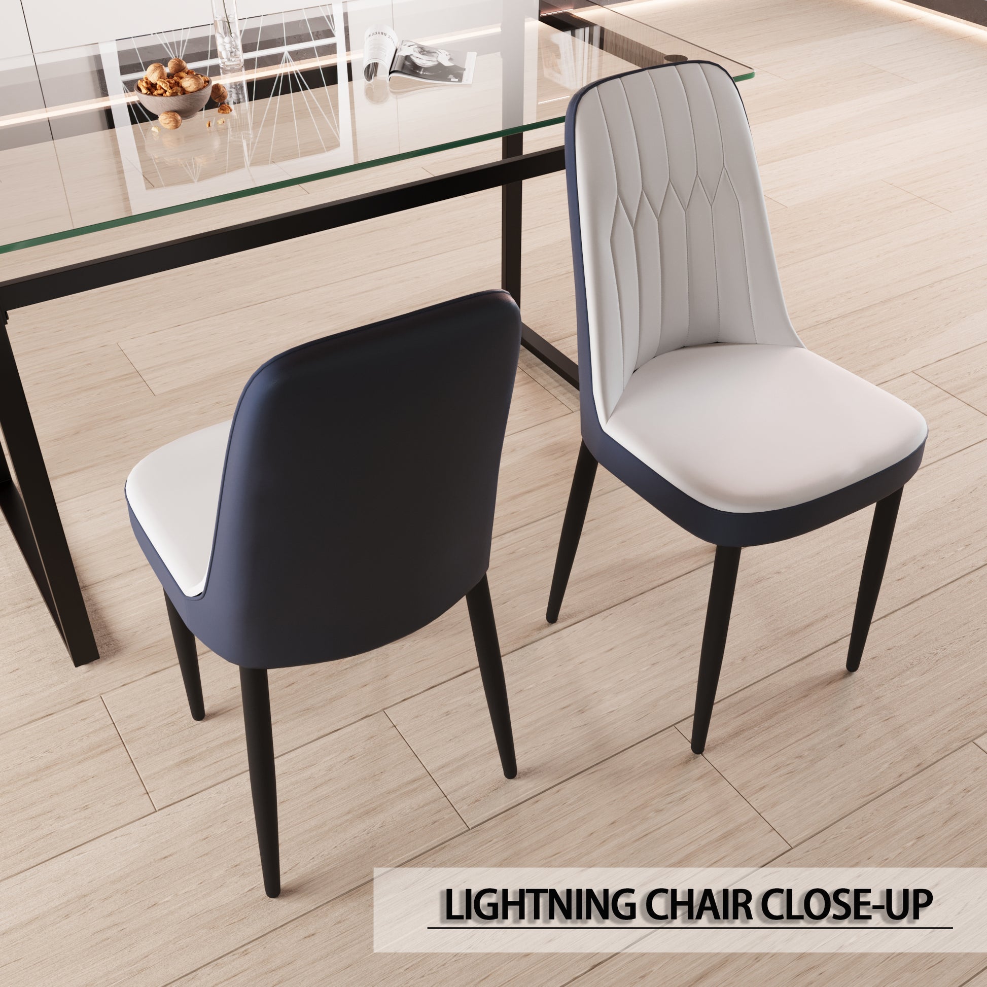 51" 6 Person Glass Dining Table Set, Kitchen Set With Black Metal Leg Dining Table And Chairs, Modern Rectangular Tempered Glass Tabletop And Dining Room Thick Cushioned Pu Dining Chair Black Gray