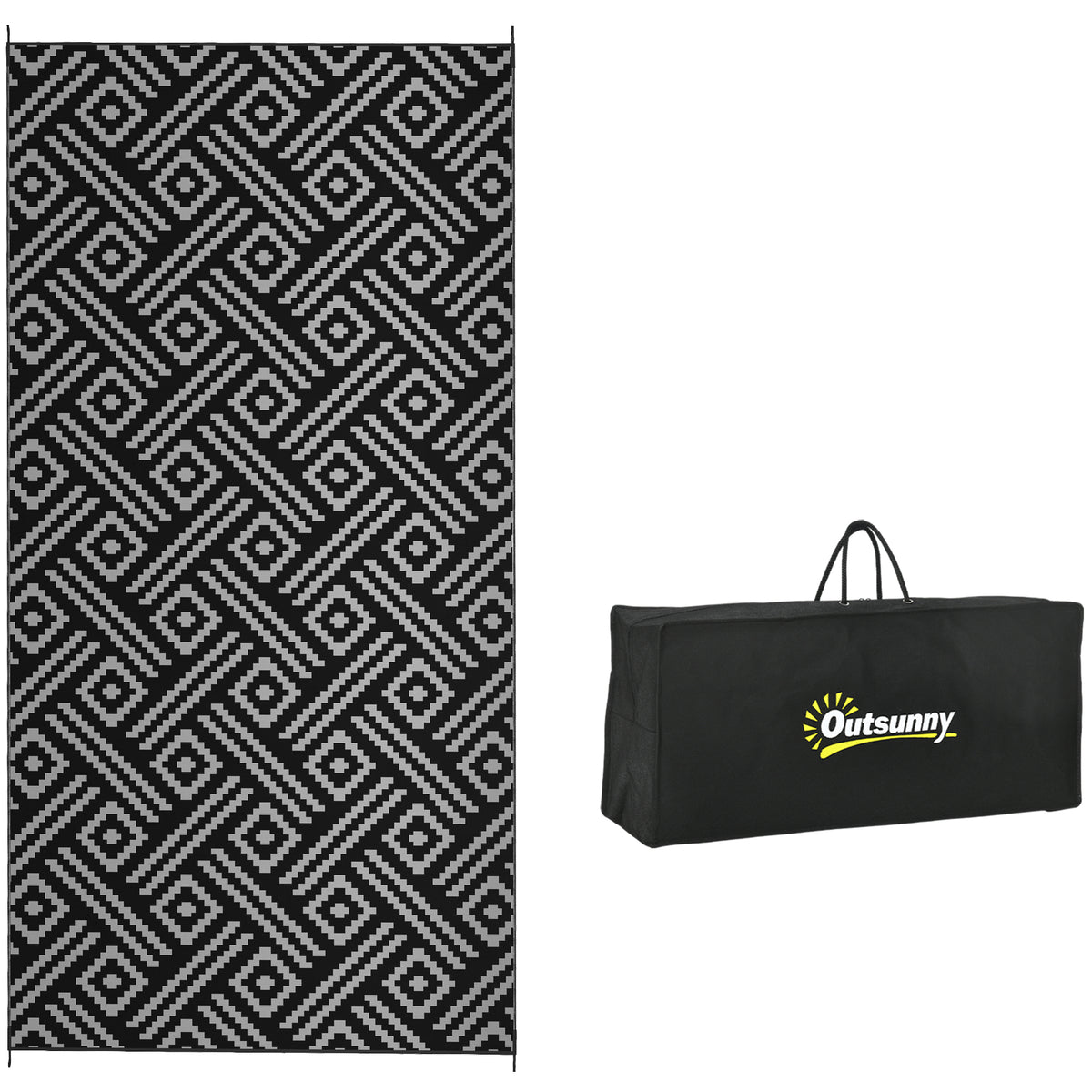 Outsunny Reversible Outdoor Rug, 9' X 18' Waterproof Plastic Straw Floor Mat, Portable Rv Camping Carpet With Carry Bag, Large Floor Mat For Backyard, Deck, Picnic, Beach, Black & Gray Geometric Multicolor Polypropylene
