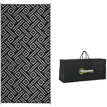 Outsunny Reversible Outdoor Rug, 9' X 18' Waterproof Plastic Straw Floor Mat, Portable Rv Camping Carpet With Carry Bag, Large Floor Mat For Backyard, Deck, Picnic, Beach, Black & Gray Geometric Multicolor Polypropylene