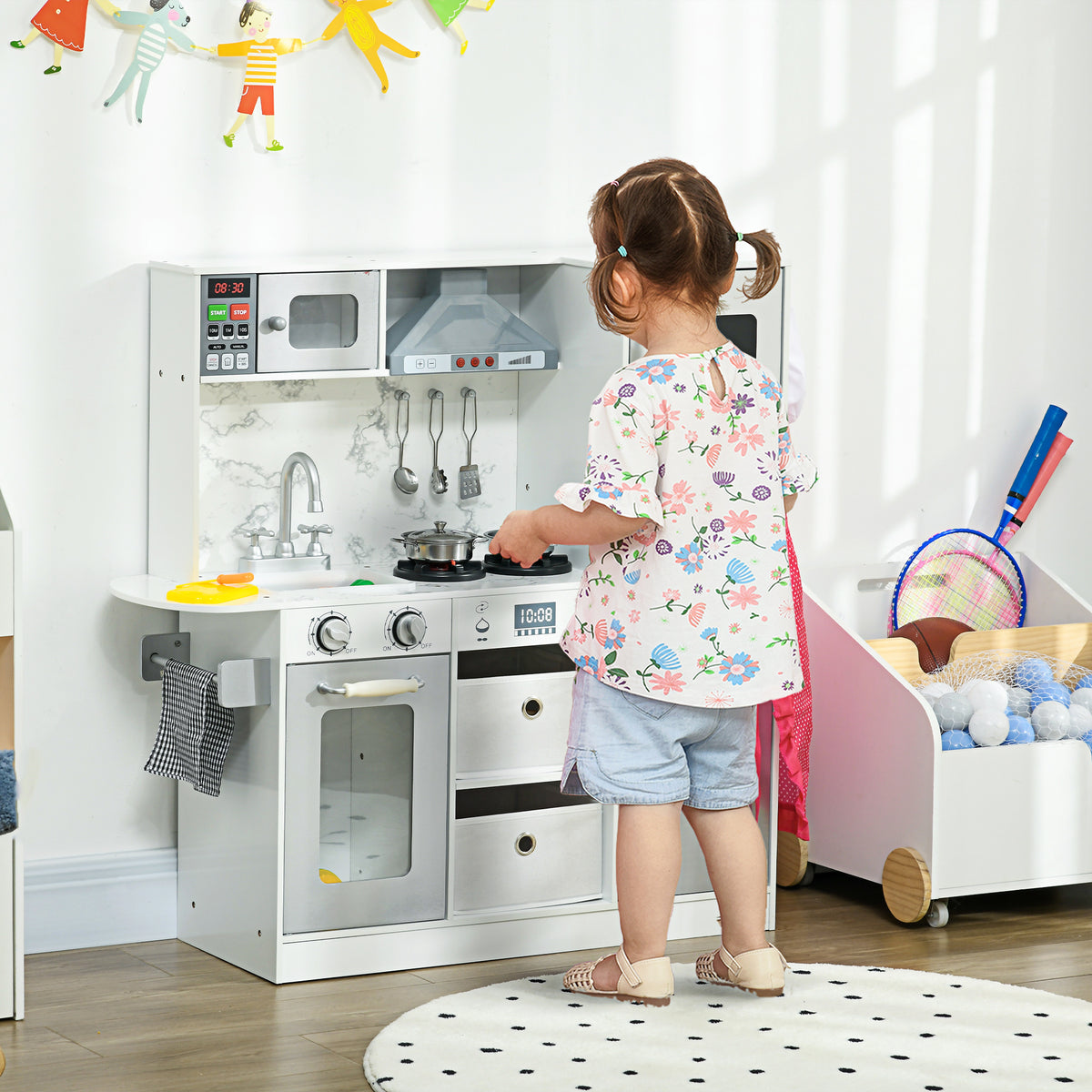 Qaba Play Kitchen Set For Kids, Kids Kitchen Playset With Lights Sounds, Apron And Chef Hat, Ice Maker, Microwave, Towel Rack, Utensils, Range Hood, Fun With Friends, For Ages 3 6 Years, White White Mdf