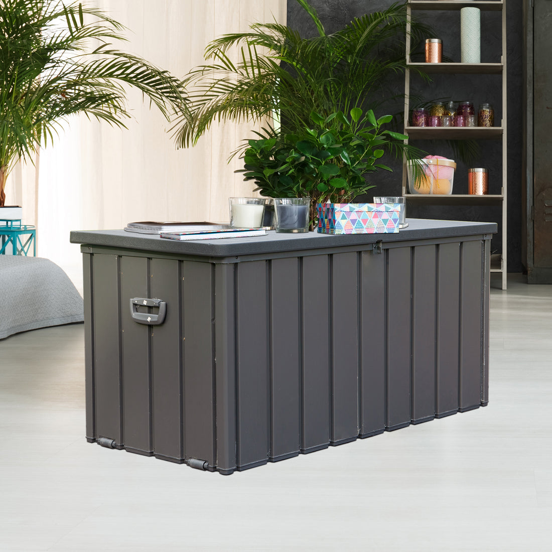 100 Gallon Outdoor Storage Deck Box Waterproof, Large Patio Storage Bin For Outside Cushions, Throw Pillows, Garden Tools, Lockable Dark Gray Dark Gray Steel